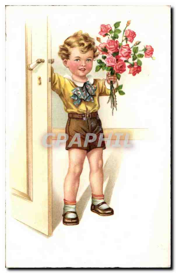 Fantaisie - Enfants - Illustration -Garcon - Roses - CPA 