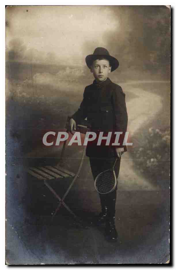 CARTE PHOTO Enfant Garcon a la raquette
