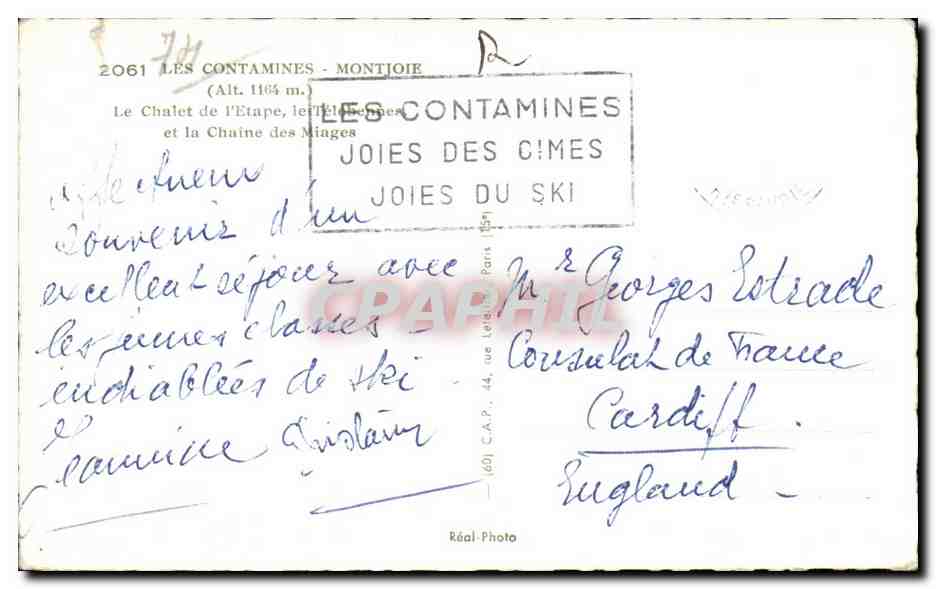 CPSM Les contamines Montjoie Le chalet de l'etape la chaine des Miages — Achterkant