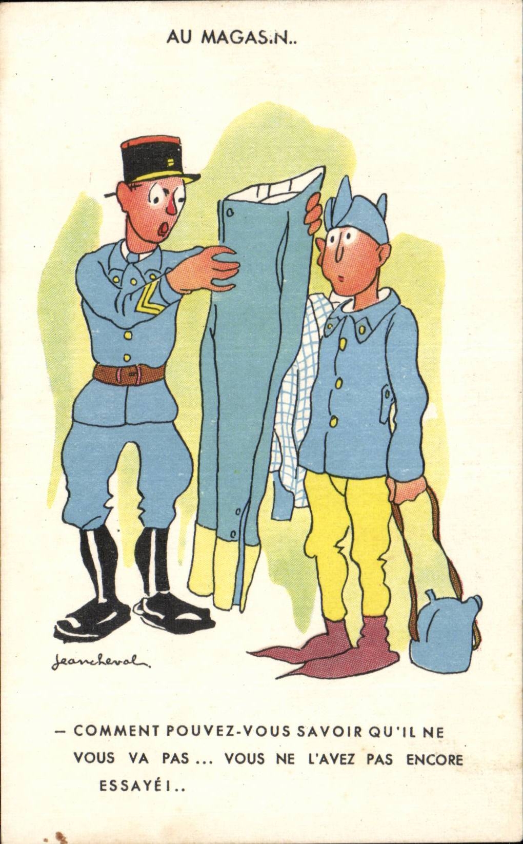 CPA Illustrateur Militaria Au magasin Jean Cheval