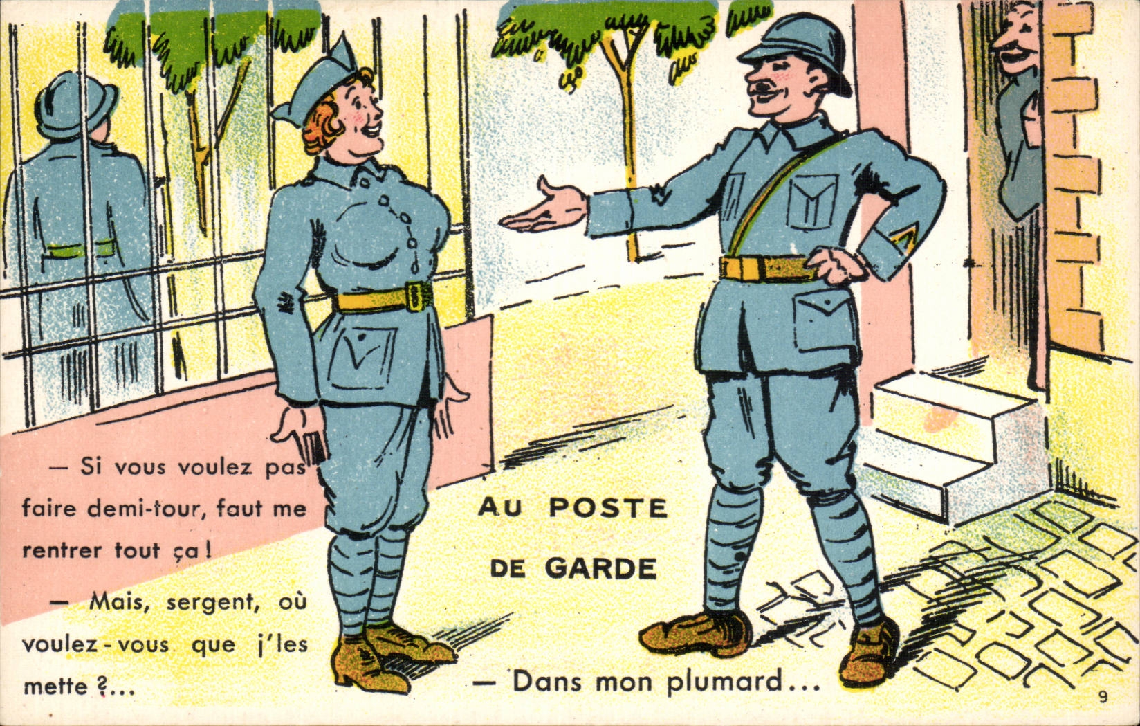 Au poste de garde — scène militaire humoristique — J. Nozzis, Édit. Nantes