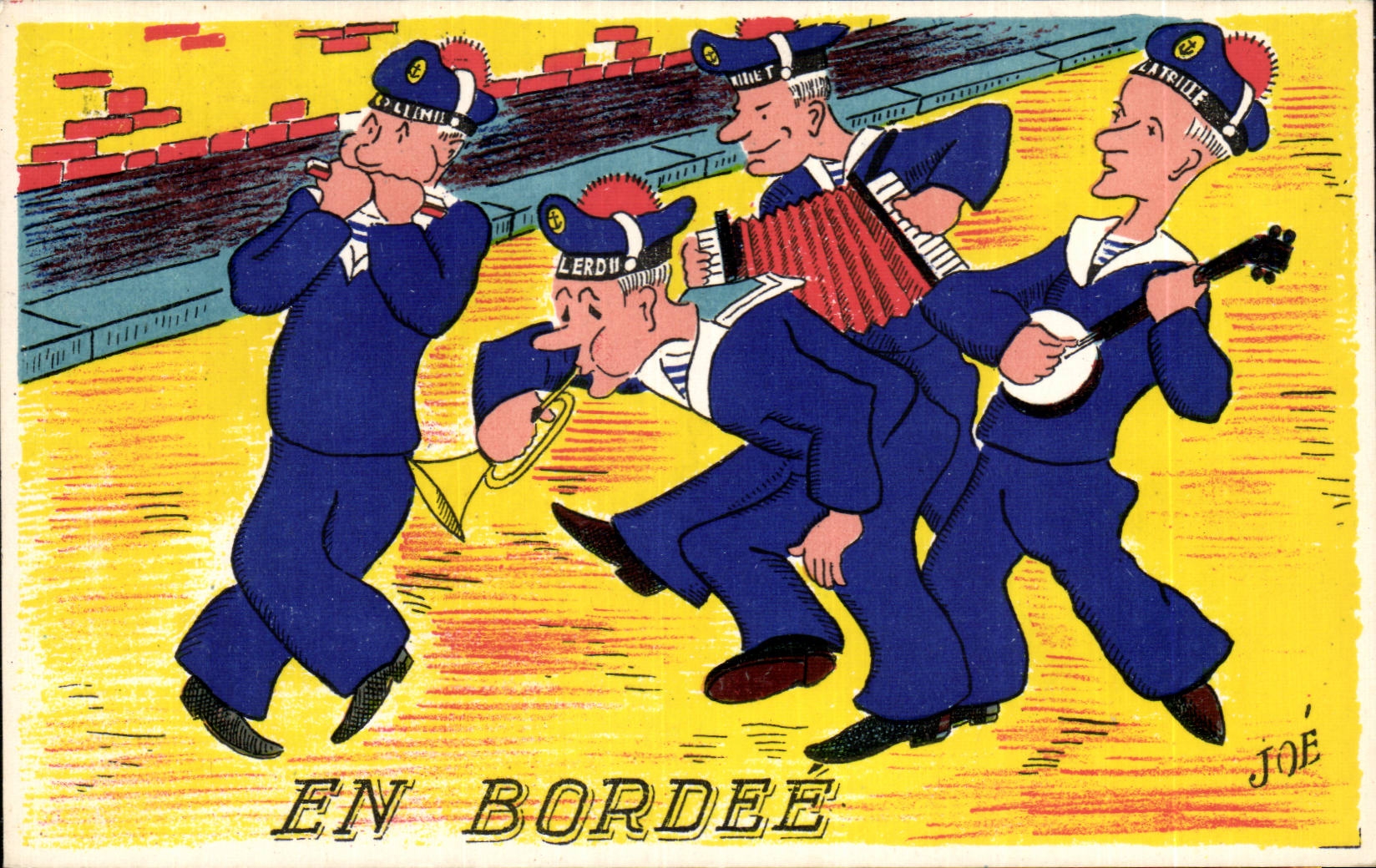 En Bordeée — Quatre marins jouant de la trompette, de l'accordéon et de la banjo — dessin de JOÉ