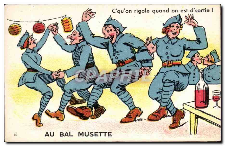 Au bal musette — scène de danse militaire — J. Nozais, Édit. Nantes