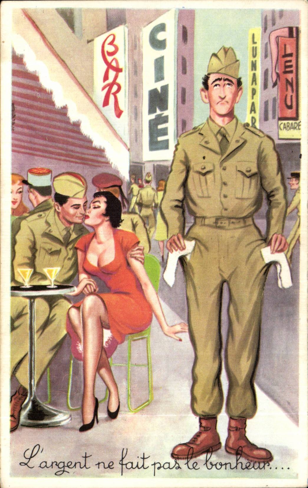 Soldat et femme — scène de rue avec enseignes de bar et cinéma — CPAPHIL 399
