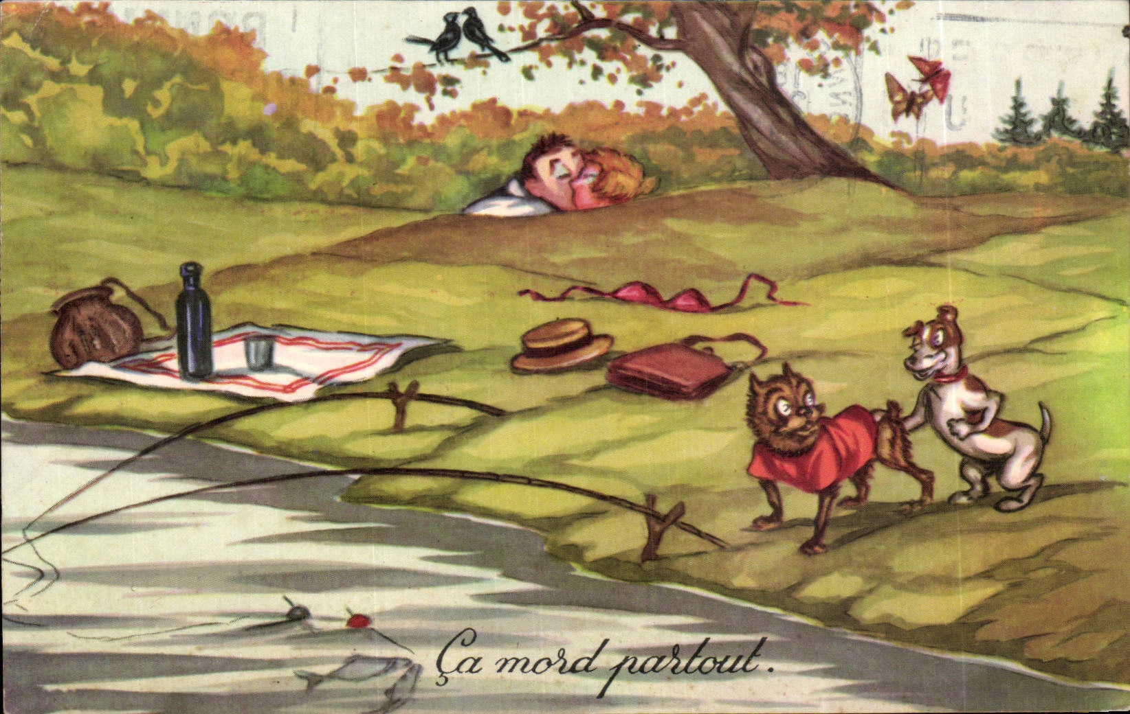 CPA Illustrateur Humour Chiens Ca mord partout Peche Pecheur couple Amour