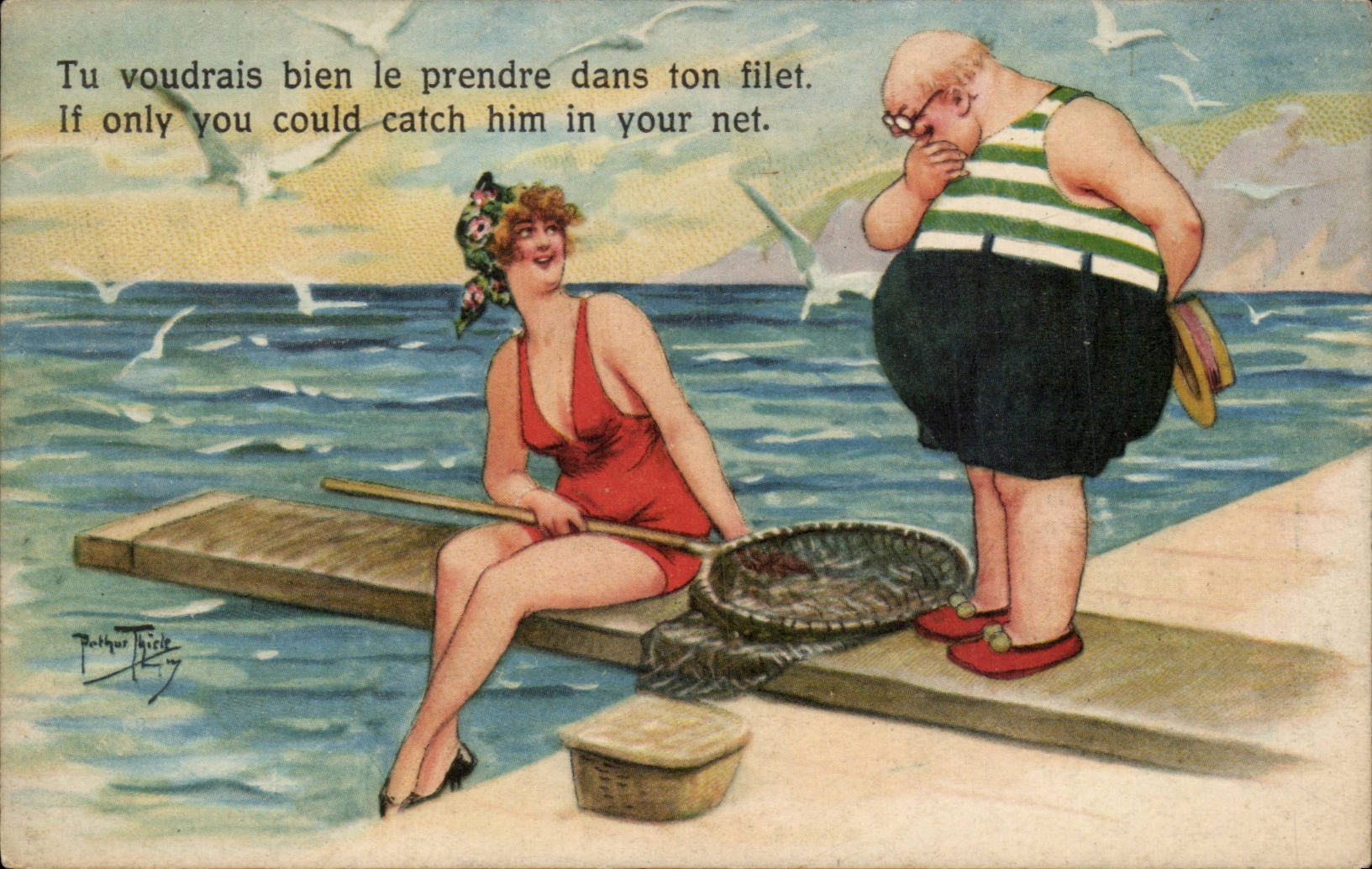 Femme en maillot rouge et homme en maillot rayé — scène de plage — Arthur Thiele