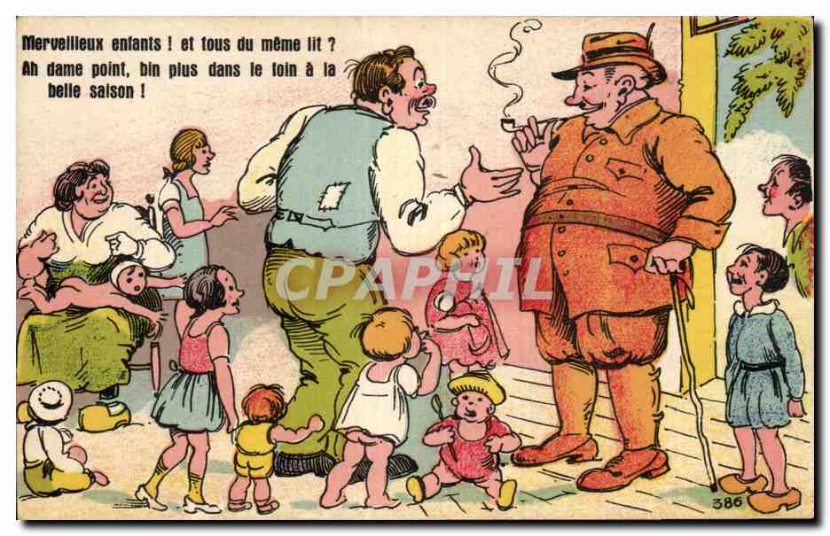 Enfants et tous du même lit ? — Ah dame point, bin plus dans le loin à la belle saison ! — J. Norzai, Édit. Nantes, n° 386