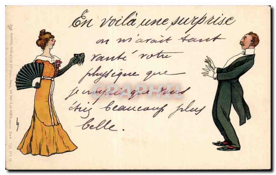 Überraschung — eine Frau in einem gelben Kleid und ein Mann in einem schwarzen Anzug — Verlag Raphaël Tichon, Paris, Nr. 125