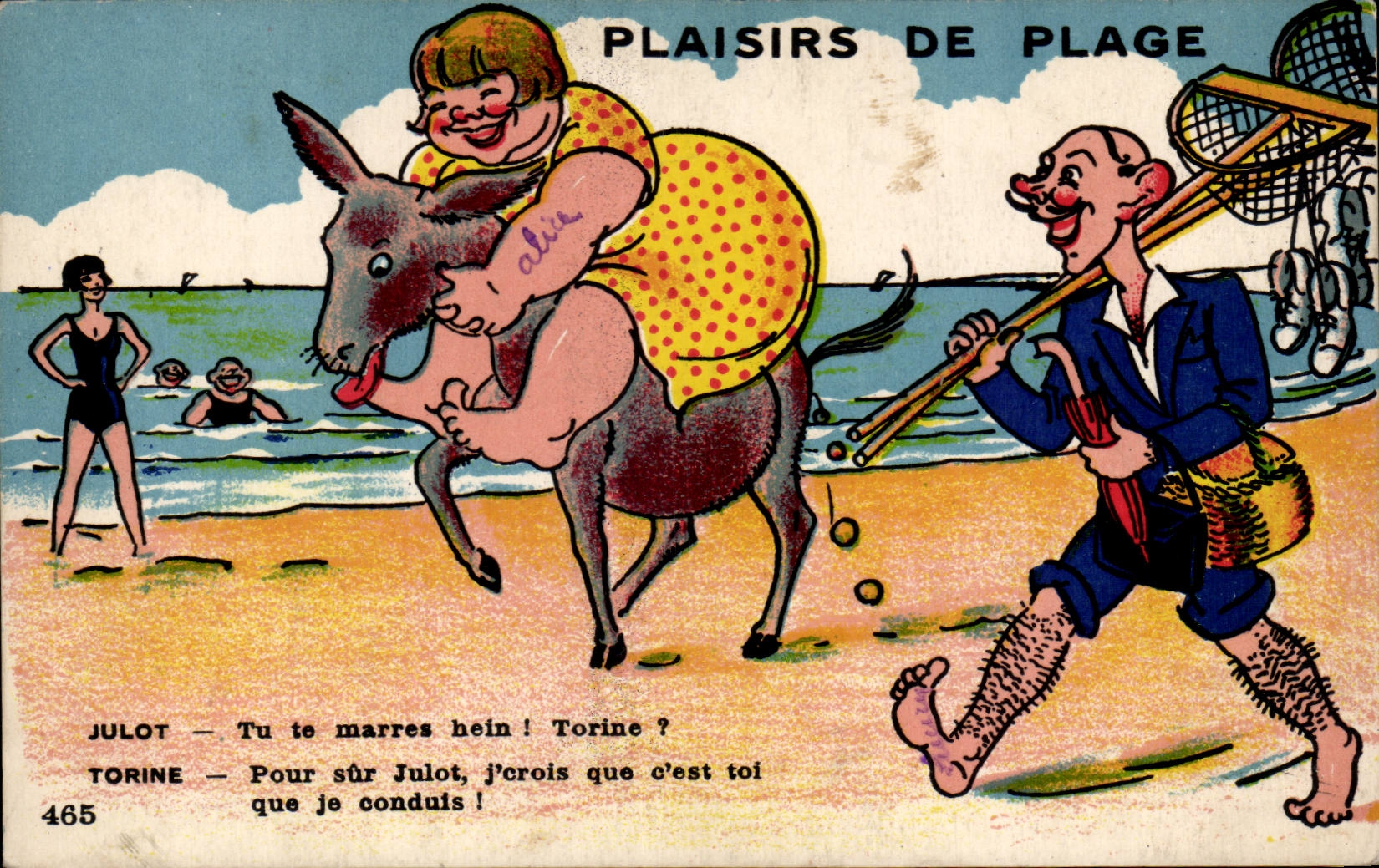 Plaisirs de Plage — Julot et Torine à cheval sur un âne — série 465 — éditeur G. Artaud, Nantes