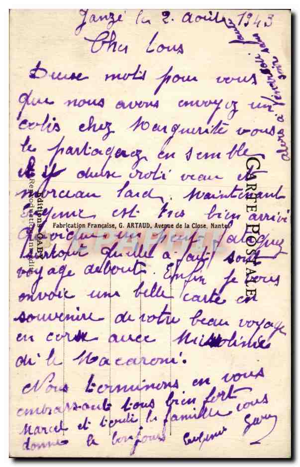 Plaisirs de Plage — Julot et Torine à cheval sur un âne — série 465 — éditeur G. Artaud, Nantes — Rückseite