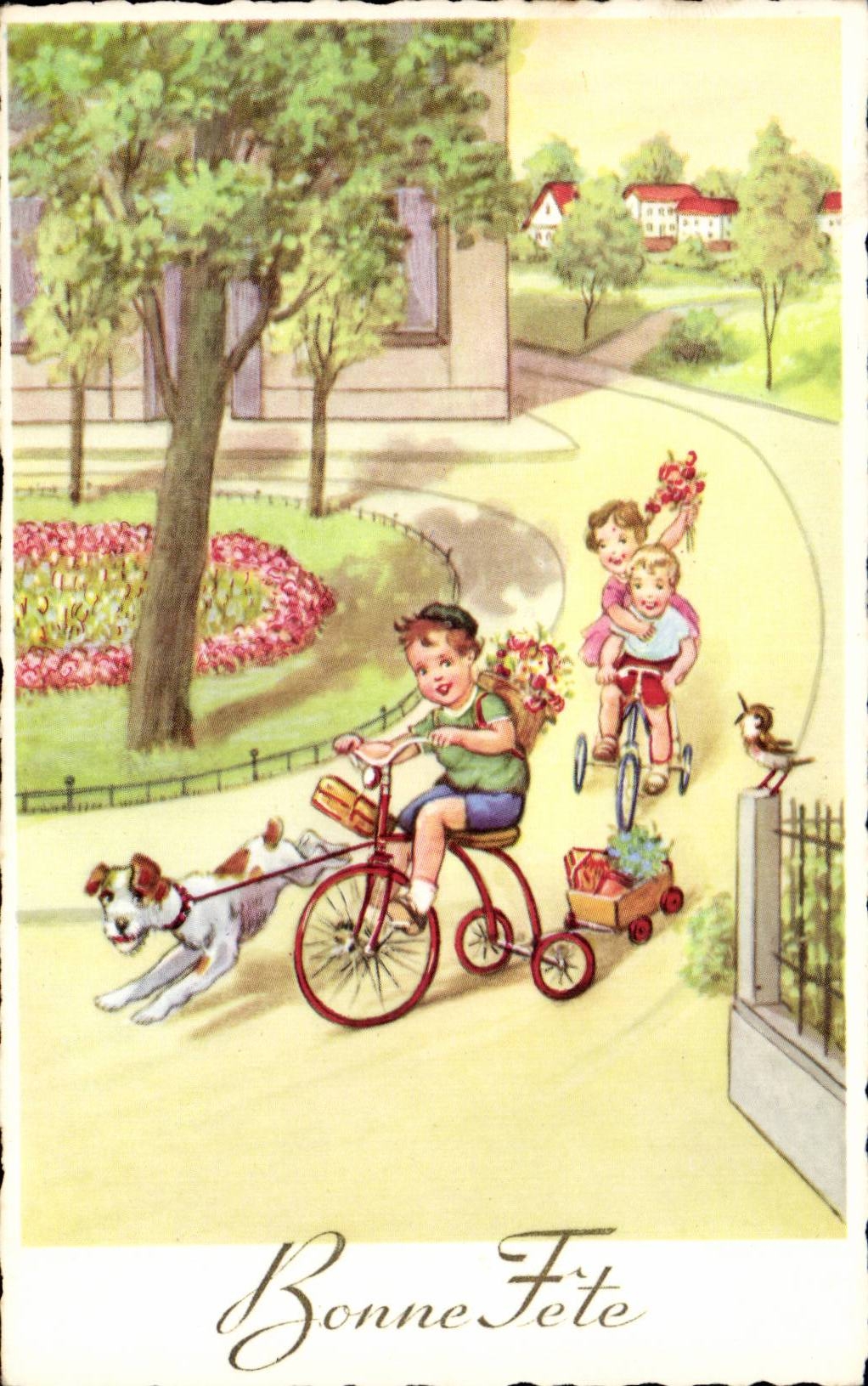 CPA Fantaisie Illustrateur Enfants Cycle Velo Chien Cycling Tricycle