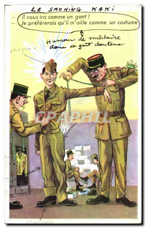 CPA Fantaisie Illustrateur Humour Militaria Le smoking kaki