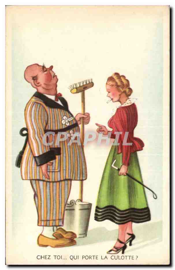 CPA Fantaisie Illustrateur Humour Chez toi qui porte la culotte ? Couple