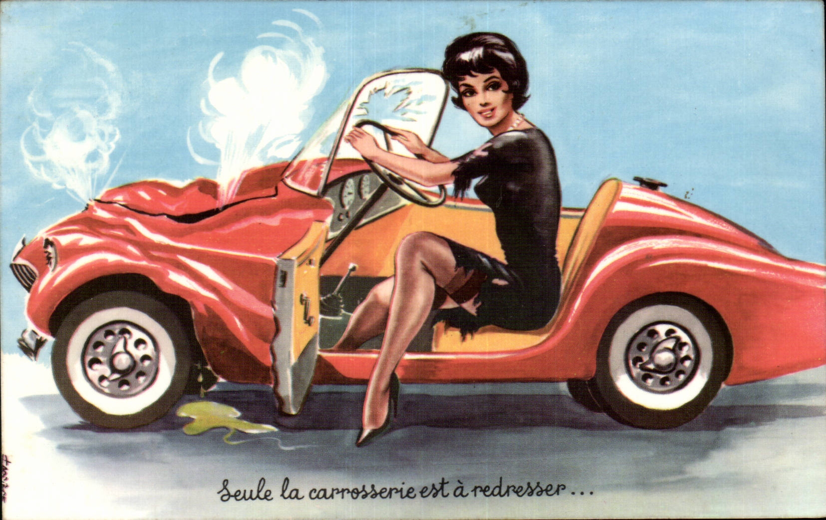 Frau am Steuer eines beschädigten Autos — humoristische Illustration — Ausgabe '1400'