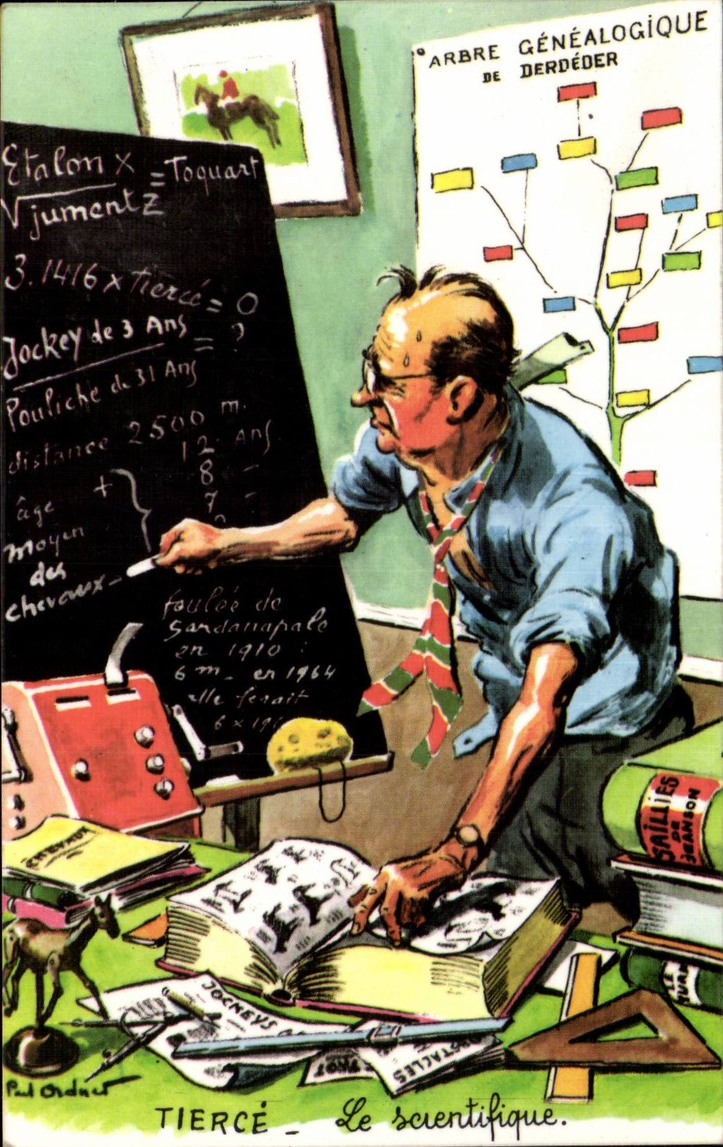 CPA Fantaisie Illustrateur Humour Tierce Le scientifique Cheval Equitation