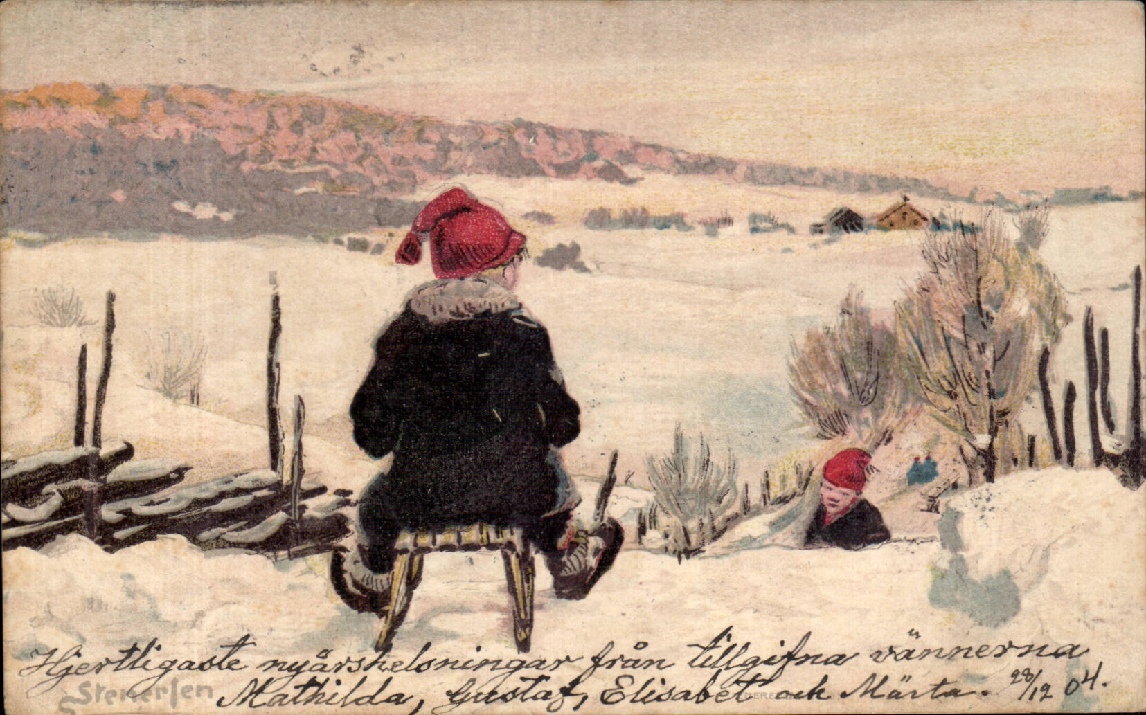 CPA Fantaisie Illustrateur Suede Sweden Svenska Luge dans la neige Enfants 