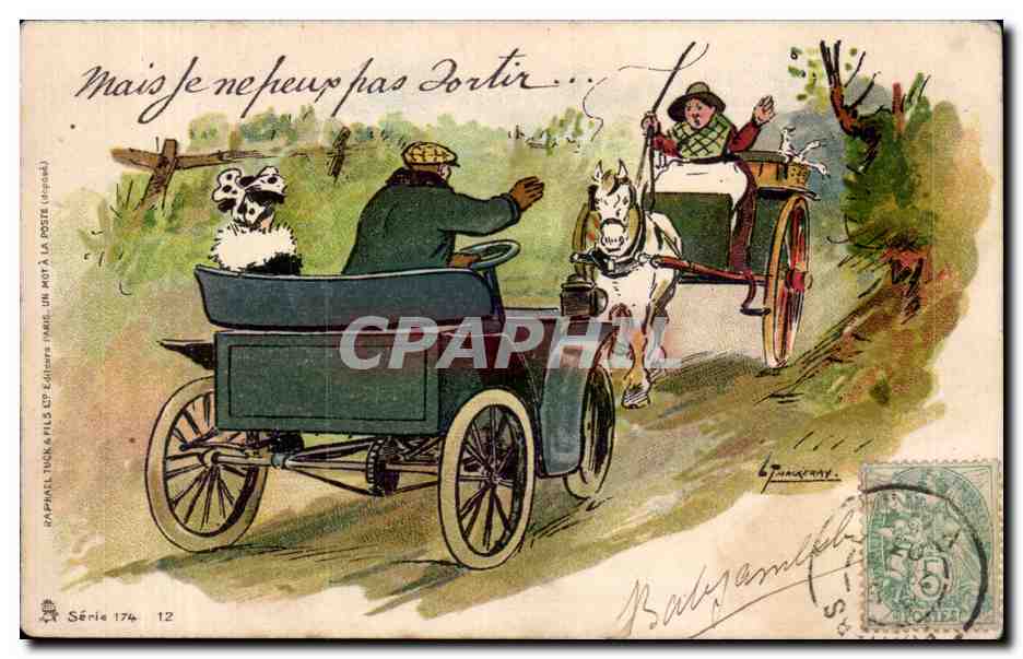 CPA Fantaisie Illustrateur Fiacre Caleche Automobile Humour