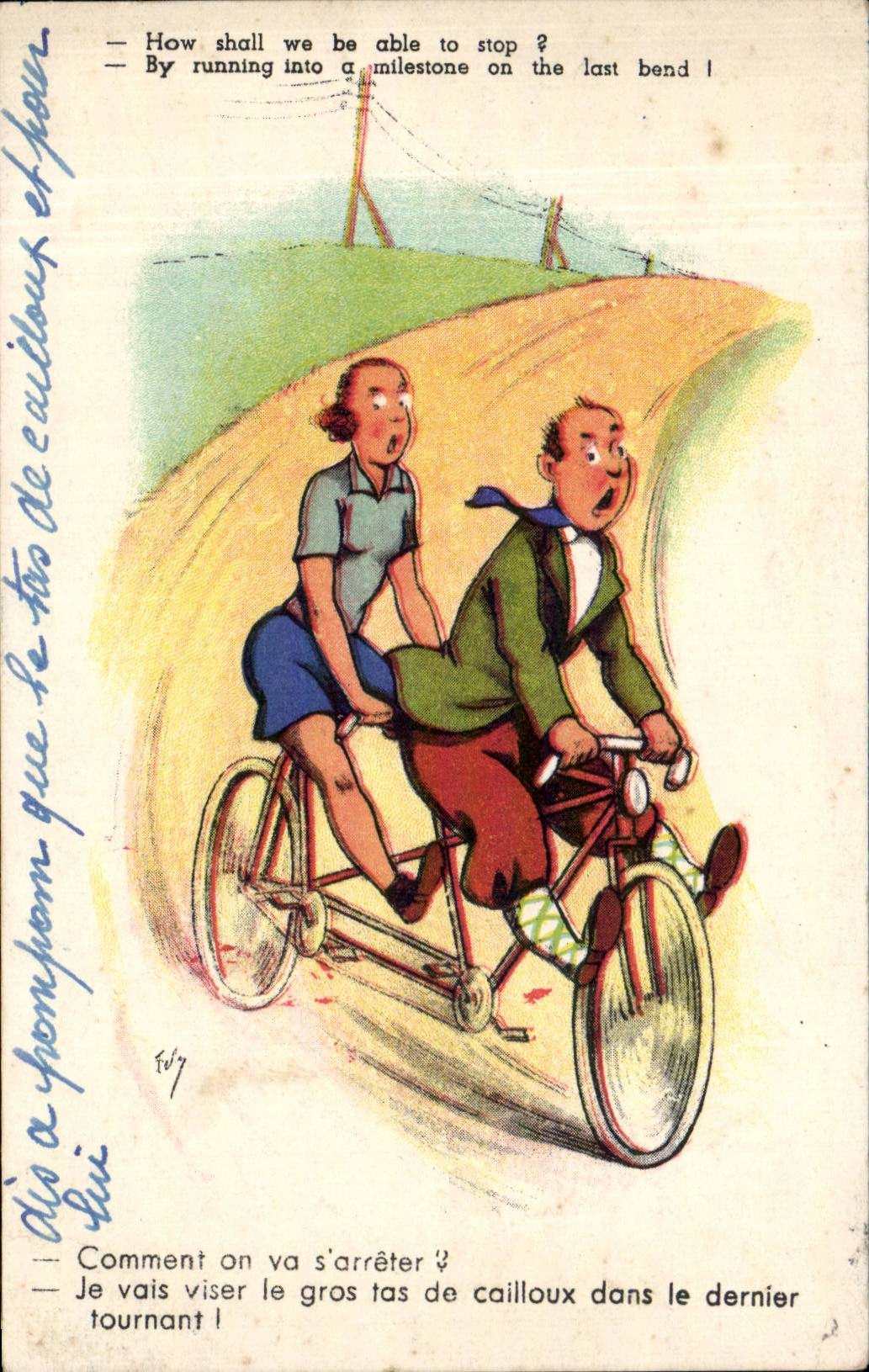 Zwei Radfahrer auf einem Tandem — humorvoll — Verlag Drucker in Frankreich, Serie 31/6