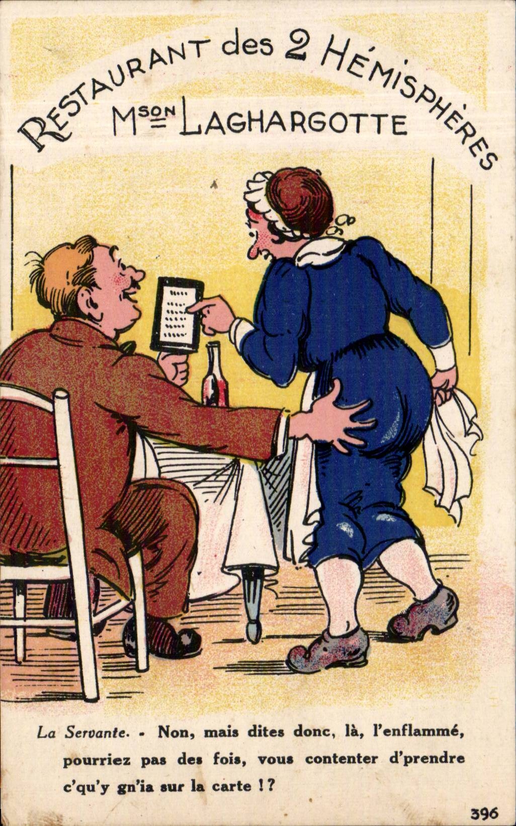 CPA Fantaisie Humour Restaurant des deux hemispheres Maison Laghargotte 