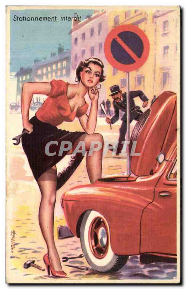 CPA Fantaisie Humour Femme Stationnement interdit Gendarme policier police