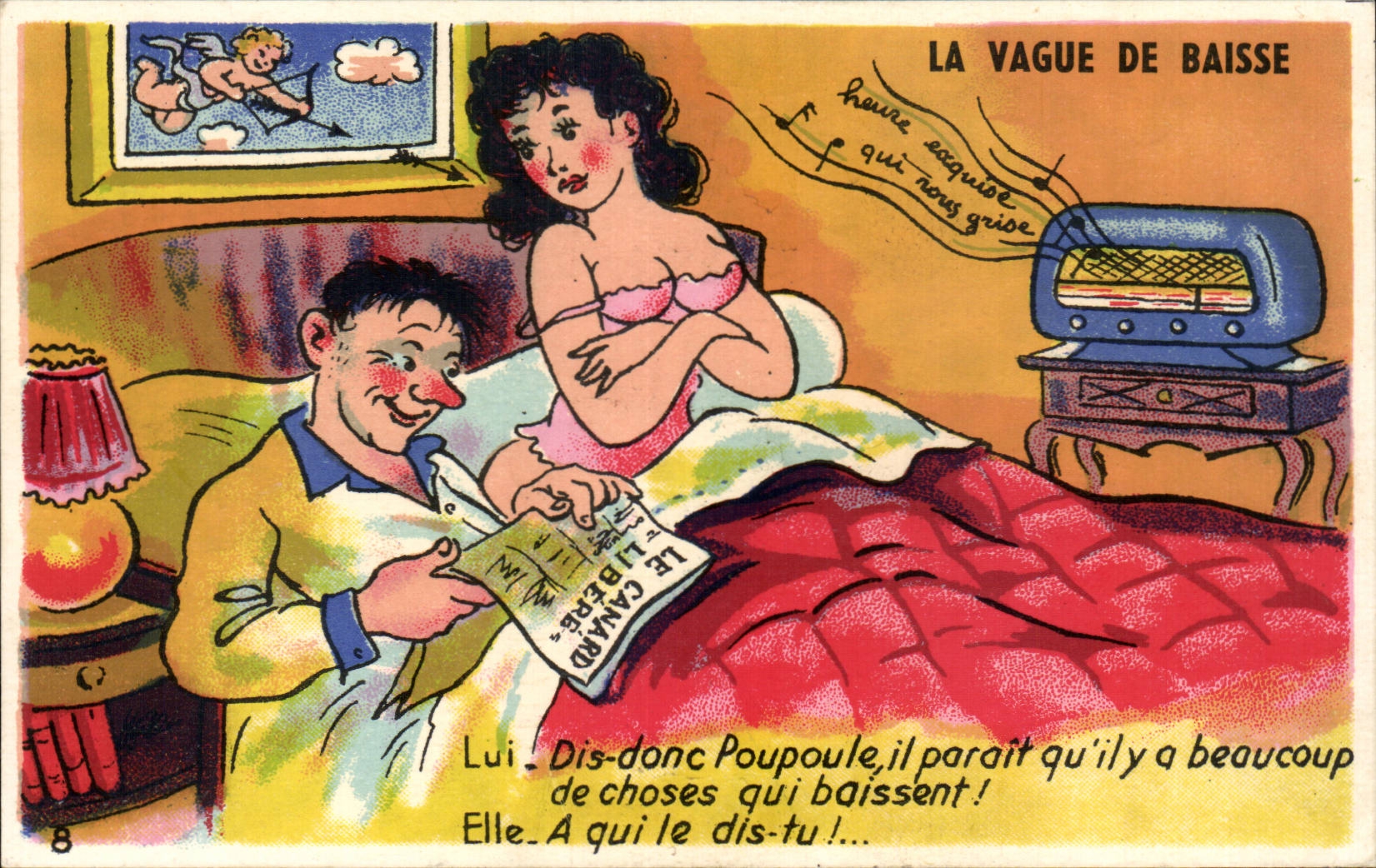La vague de baisse — scène de couple au lit avec journal Le Canard enchaîné — éditions de la Revue de la Vie Parisienne, n°8