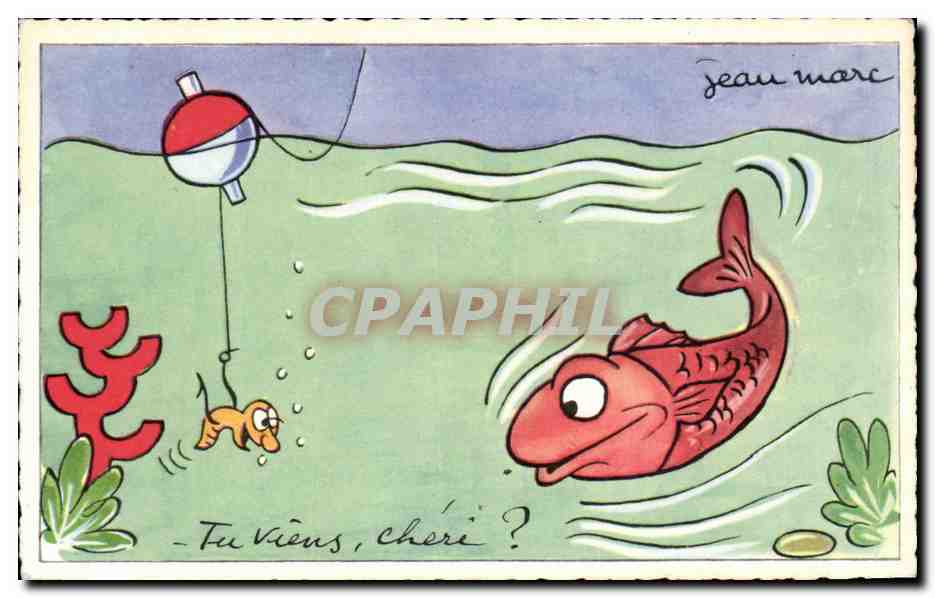 Poisson rouge attrapé par un hameçon — dessin de Jean Marc — éditeur R. Hamel, n° 171
