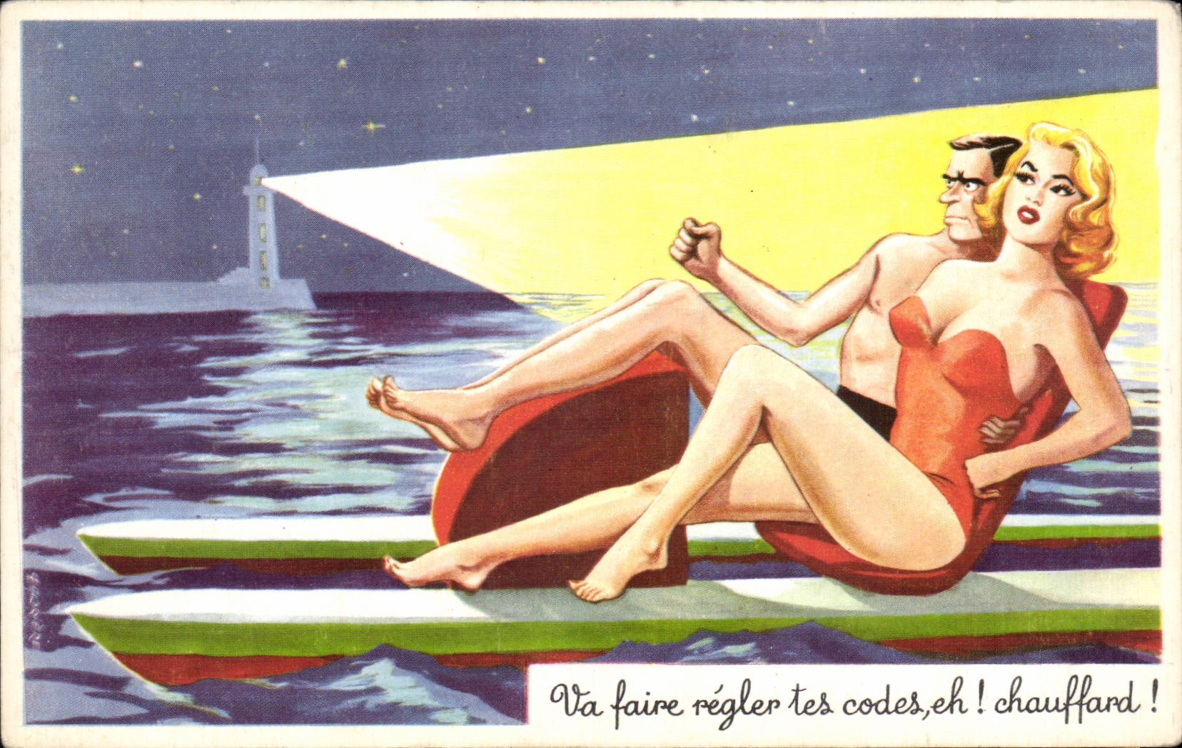 Paire de surfeurs sous les étoiles — lighthouse en arrière-plan — éditeur CPAPHIL n°493