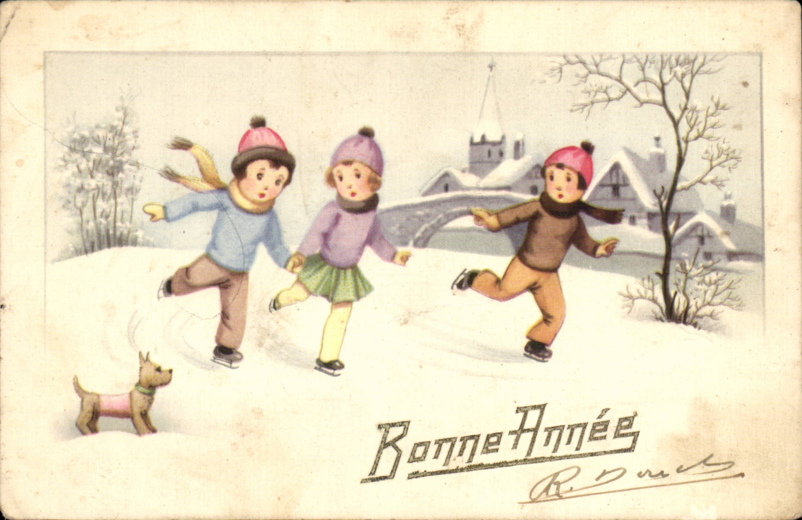 CPA Fantaisie Enfants Patin a glace Ice skating Bonne annee