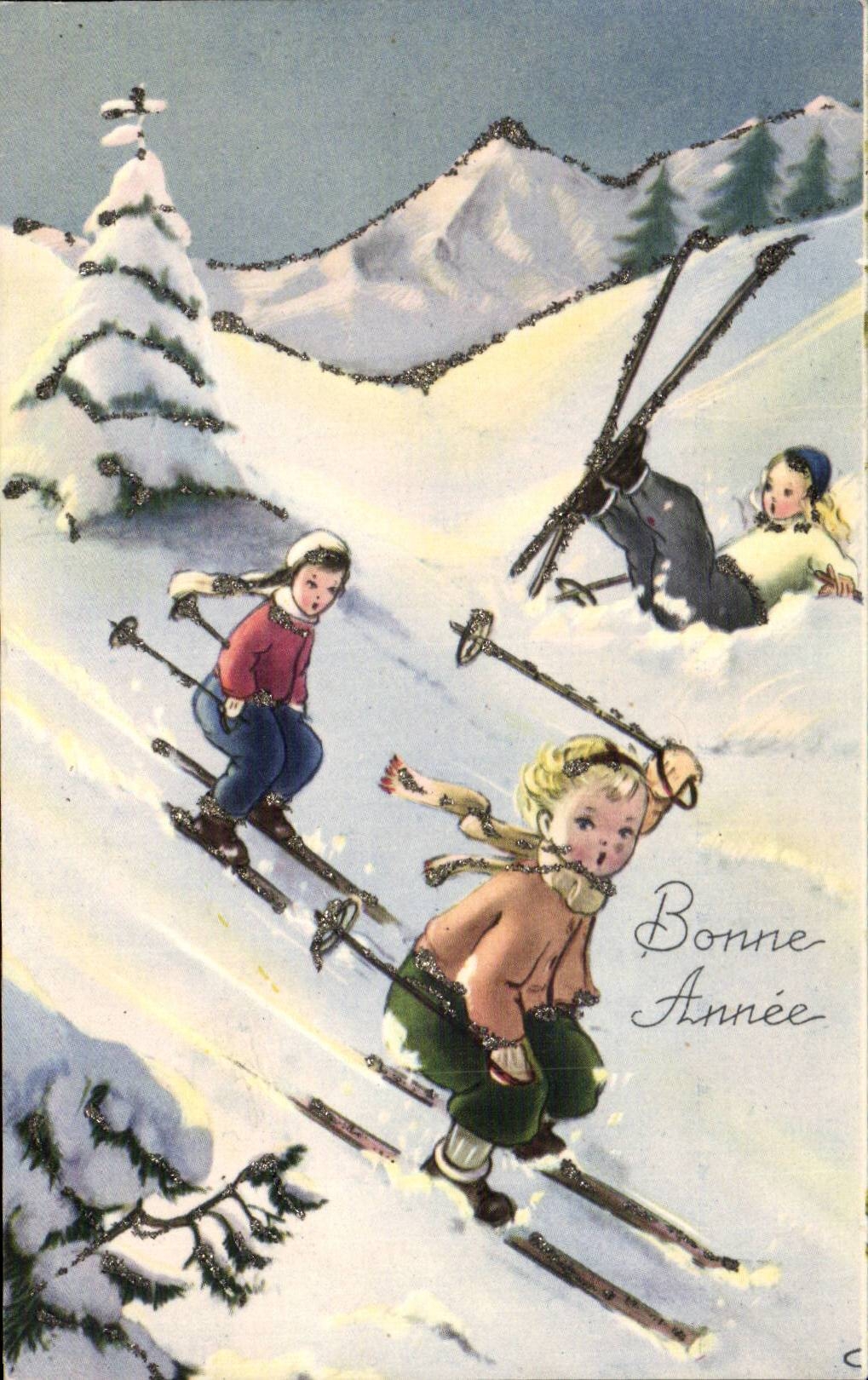 CPA Fantaisie Enfants Bonne annee Ski Sports d'hiver