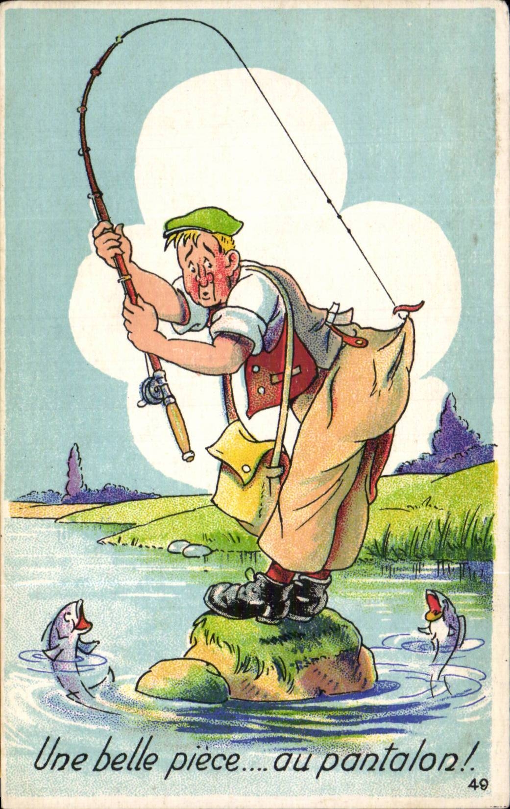 CPA Fantaisie Illustrateur Humour Une bemme piece au pantalon ! Peche Pecheur Poisson