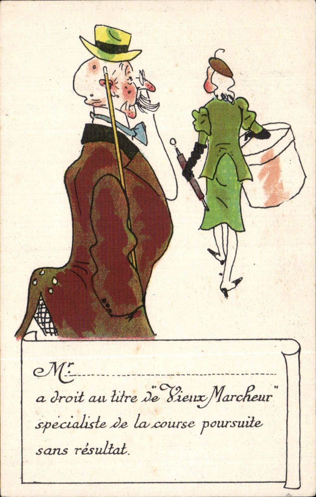 CPA Fantaisie Illustrateur Humour Vieux marcheur specialiste de la course poursuite sans resultat