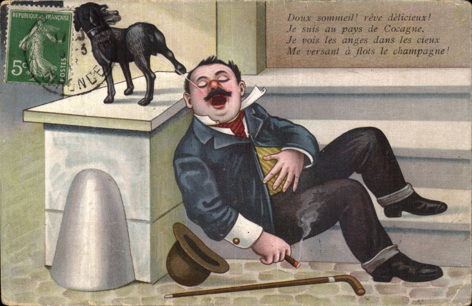 Homme endormi avec chien — caricature humoristique — éditeur inconnu