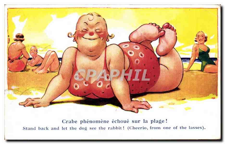 CPA Fantaisie Humour Femme forte Crabe phenomene echoue sur la plage