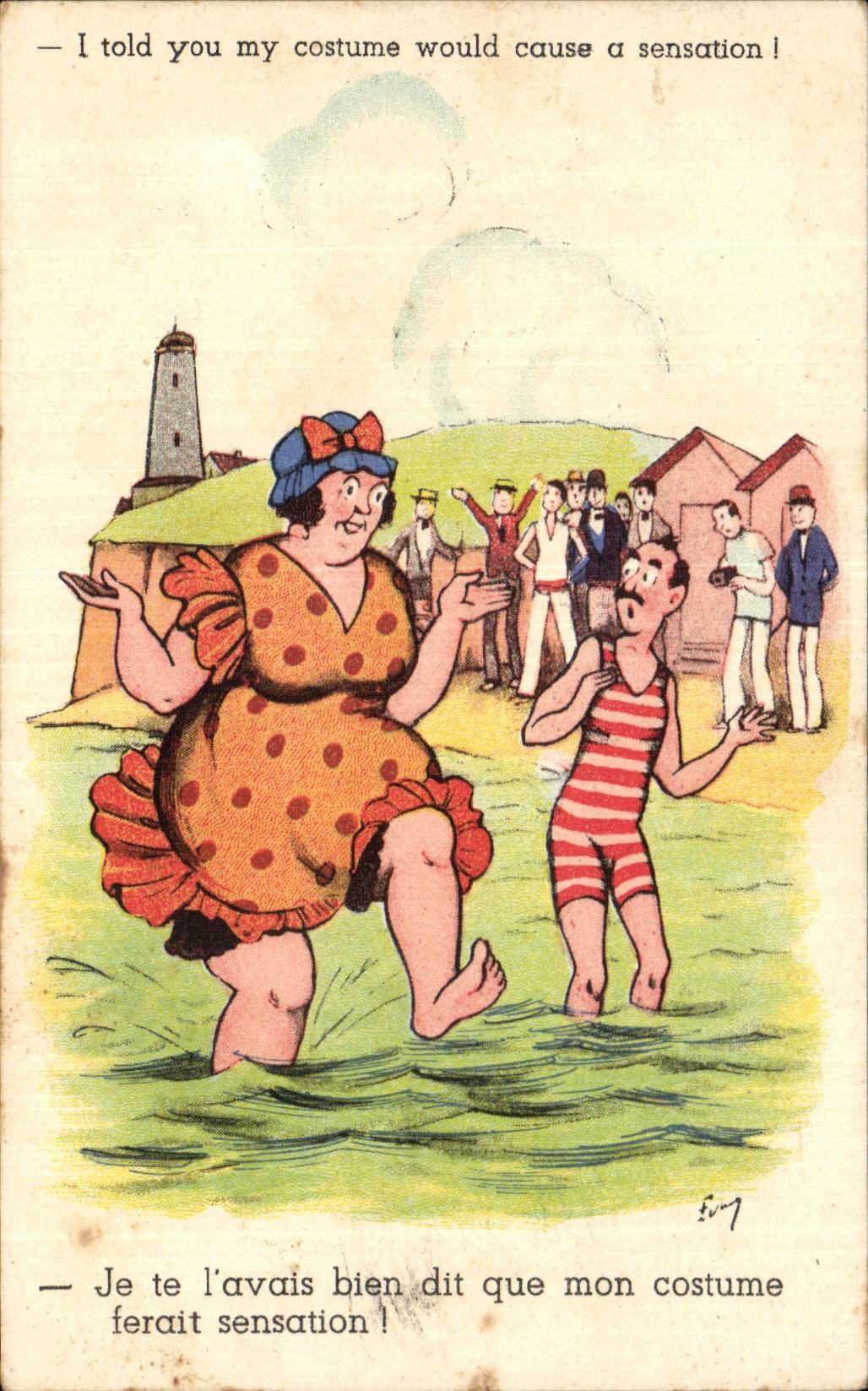 Baignade humoristique — femme en maillot à pois, homme en maillot rayé — éditeur imprimeur Série 32,4