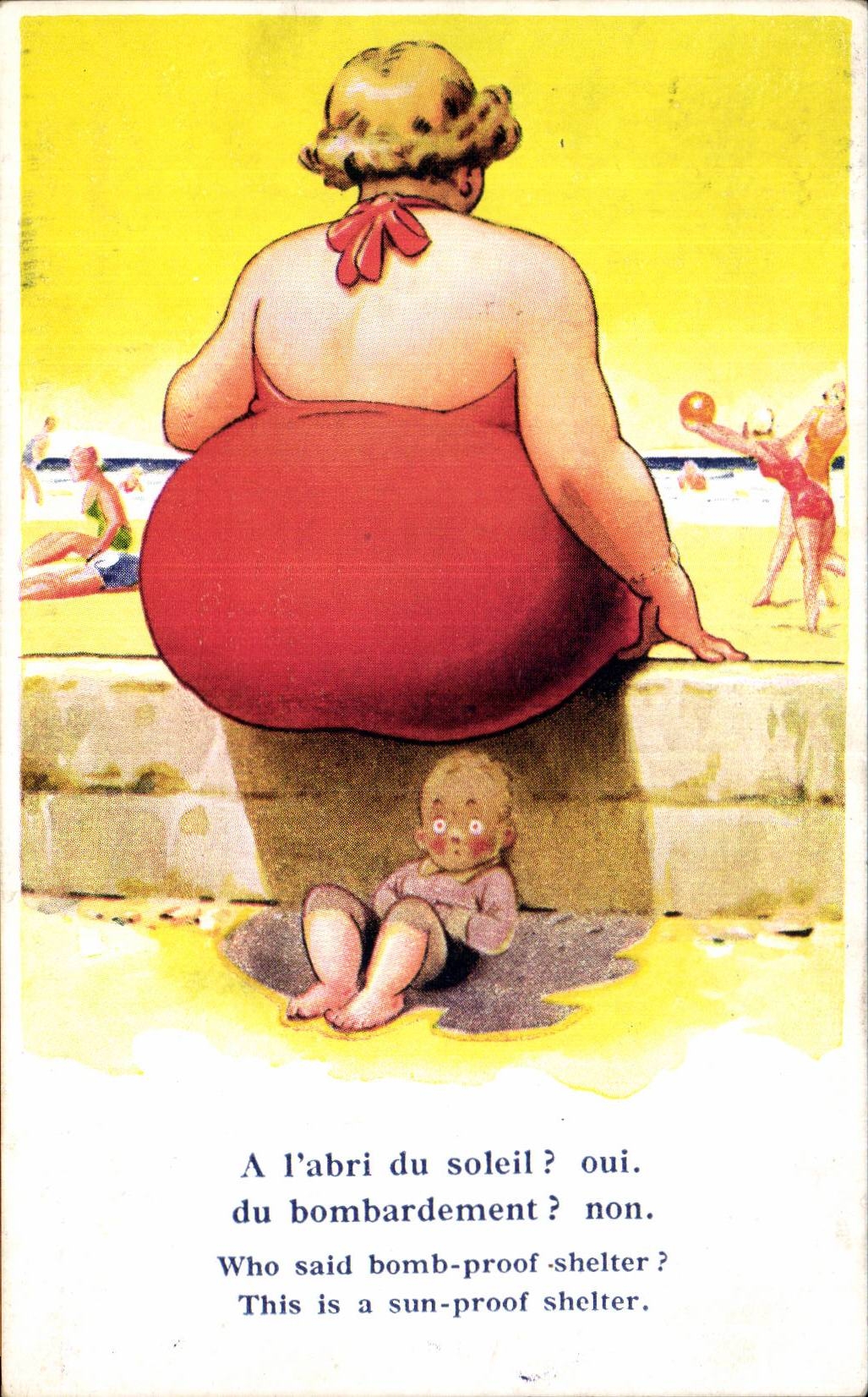 Femme en maillot rouge à la plage — caricature — imprimé par Henriette Cartes, n° 554