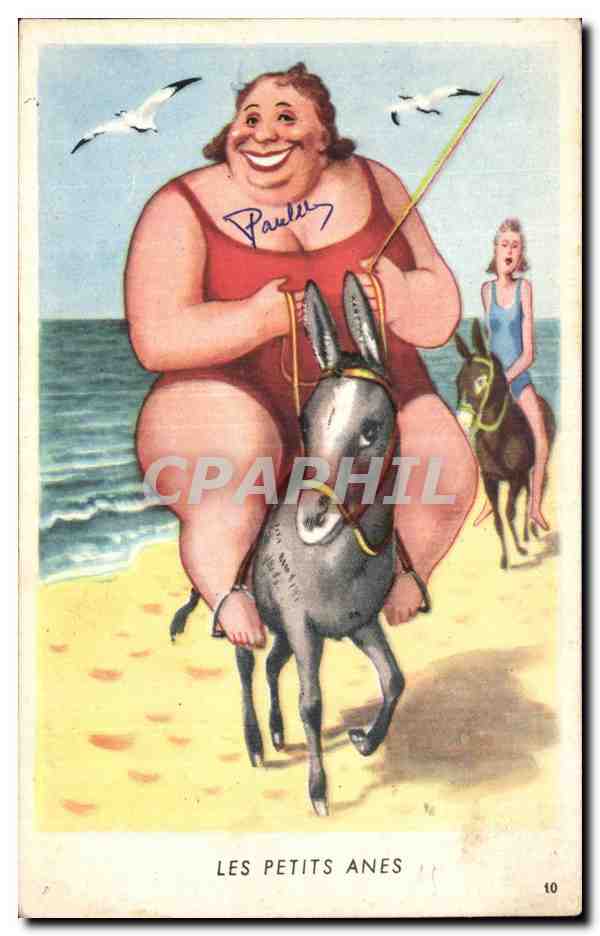 CPA Fantaisie Humour Femme forte les petits anes Donkey