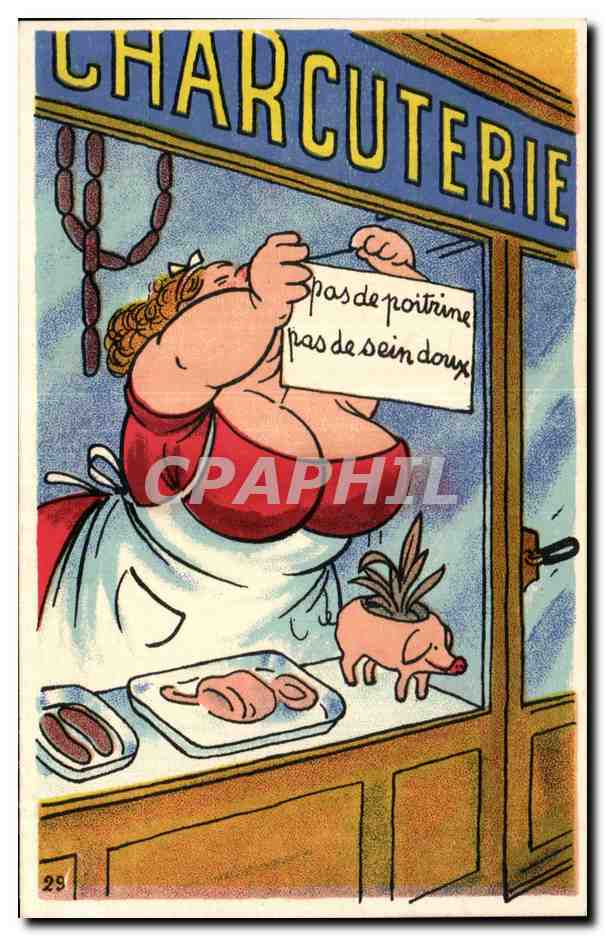 CPA Fantaisie Humour Charcuterie Femme forte Cochon Pig