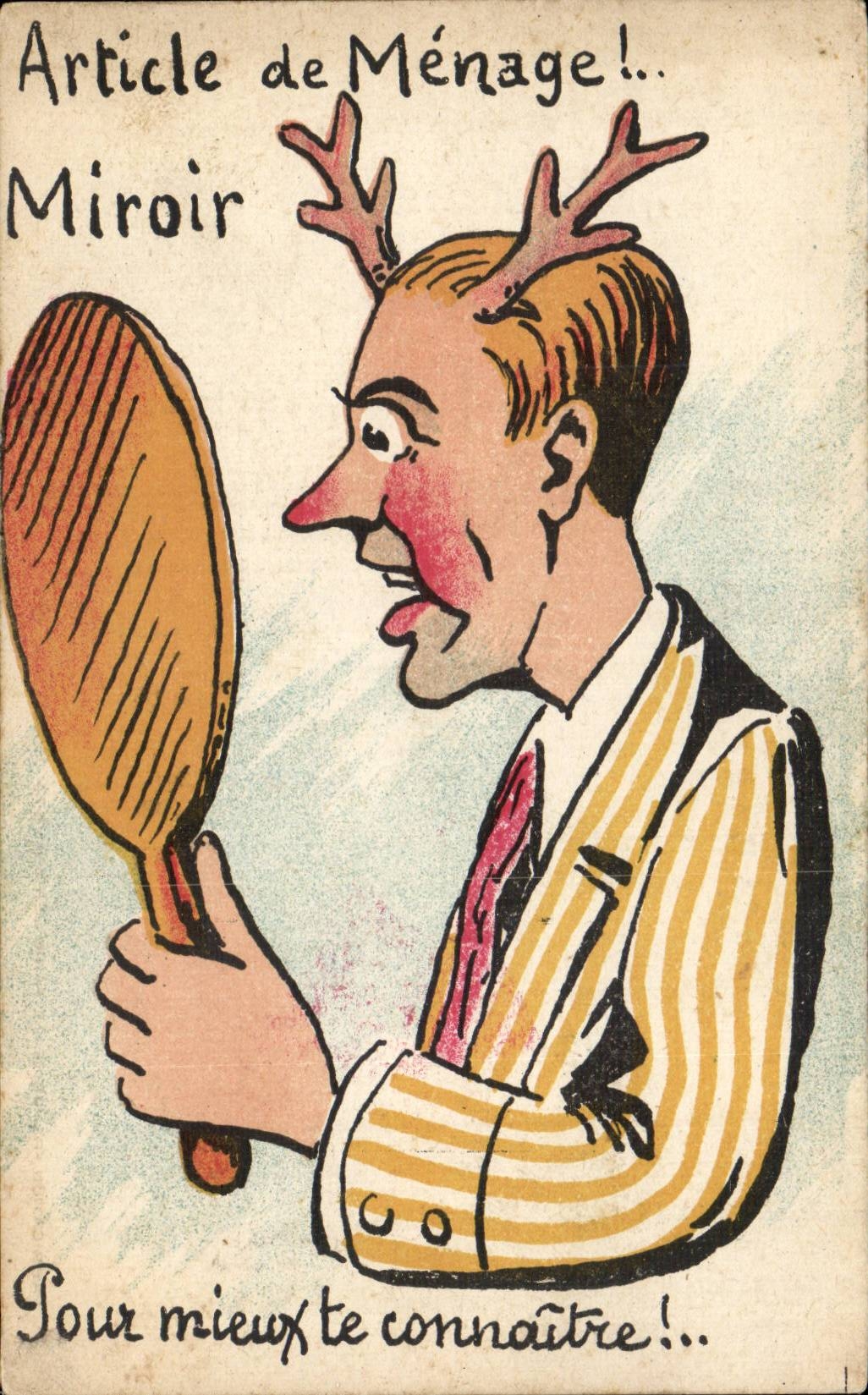 Homme avec cornes de cerf devant un miroir — Article de Ménage !.. — Fabrication Française M.L. Paris, Série N° 574 - Recto