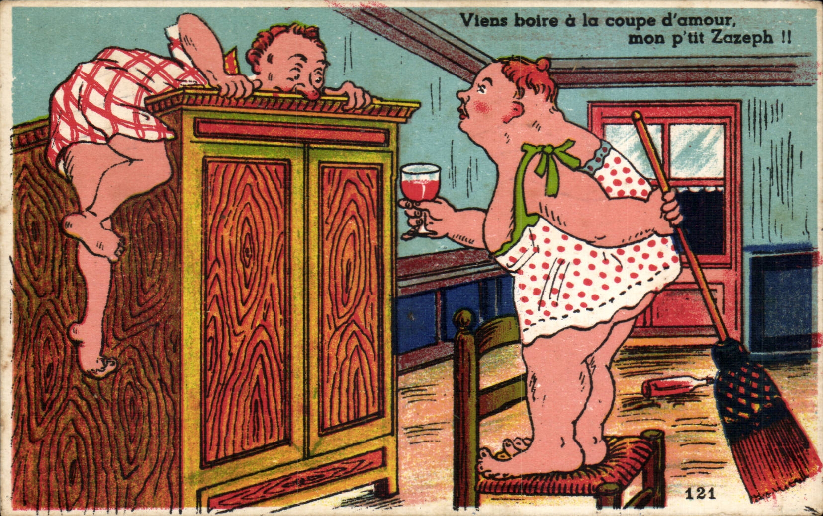 Scène humoristique — homme sur armoire, femme avec balai — A.P.F. NANTES n°121