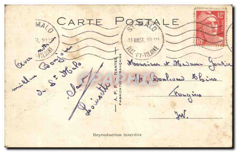 Scène humoristique — homme sur armoire, femme avec balai — A.P.F. NANTES n°121 — Rückseite