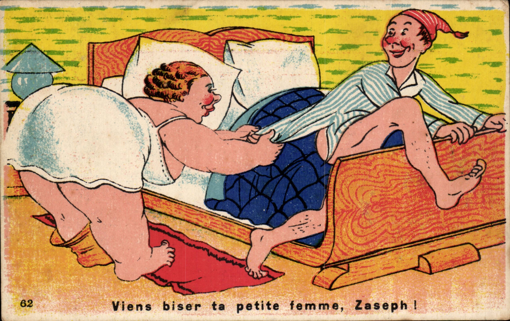 Clown et femme au lit — scène humoristique — Éditions Gaby, n°62