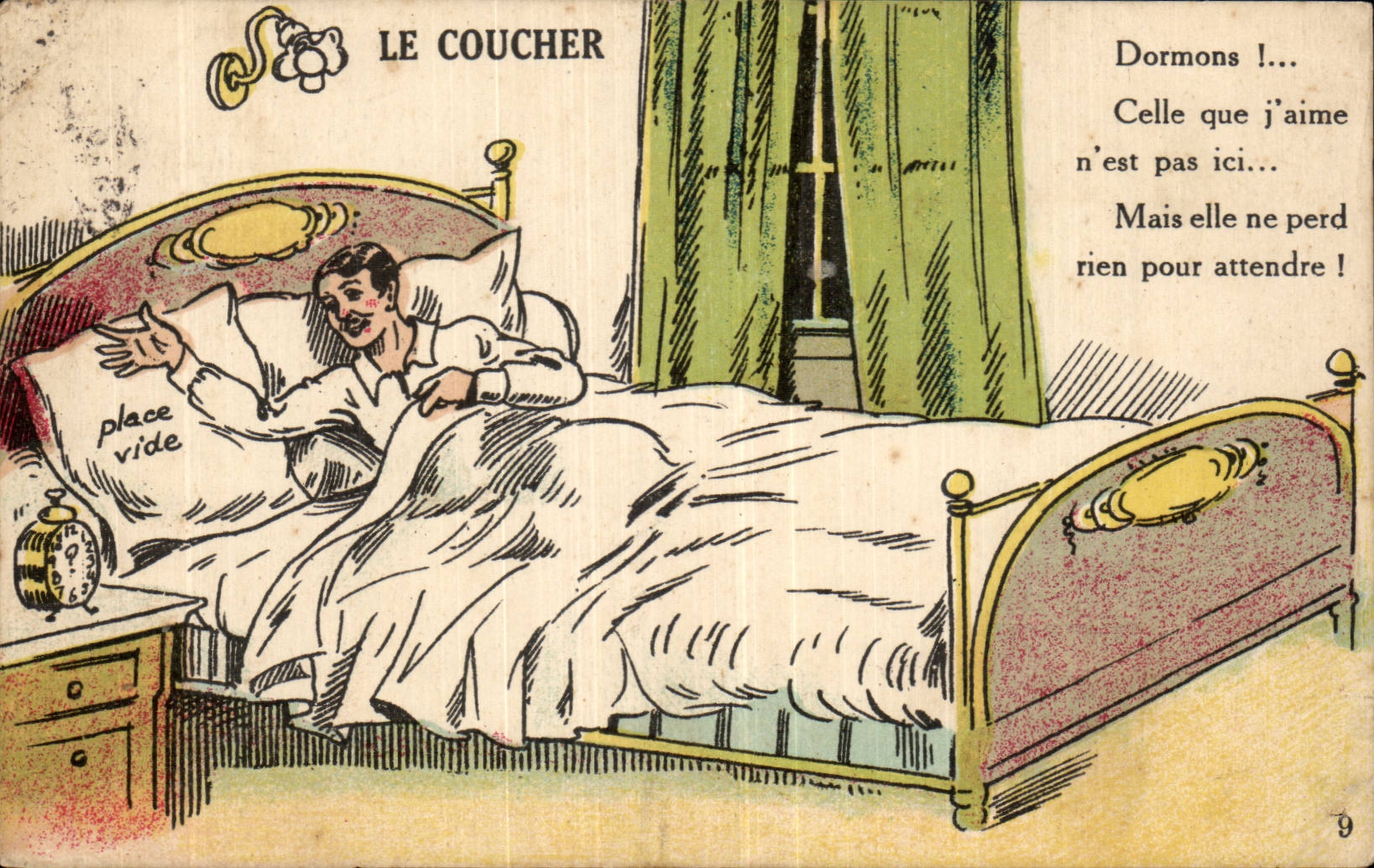 Le Coucher — scène de lit avec poème — J. Nozais, Édit. 18, Avenue du Côteau (Tenue Bouchaud), Nantes