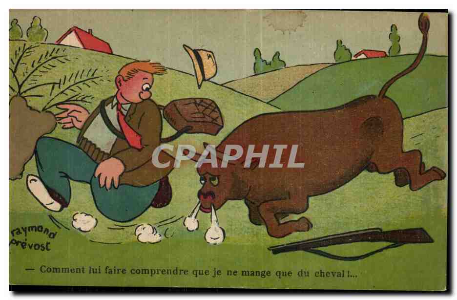 Humour - Illustration - Comment lui faire comprendre - chasseur - hunter Taureau Bull Prevost - CPA 