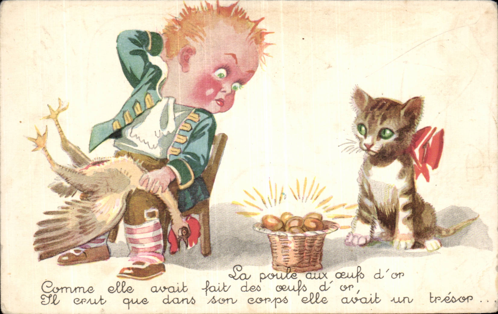 Fantaisie - Enfants - Humour - Illustration - Oeufs d'or - chat - cat - CPA 