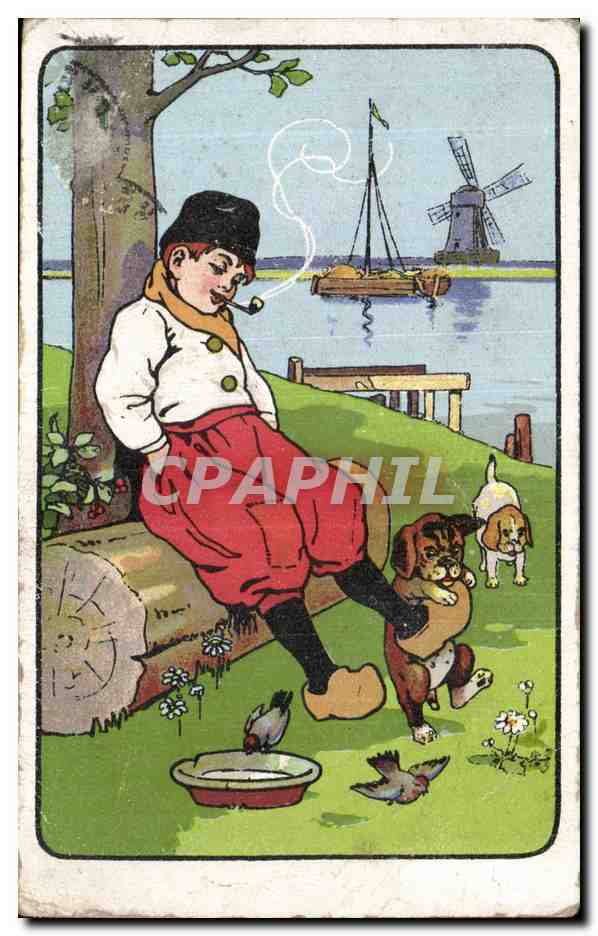 Enfant fumant une pipe près d'un lac — avec chien et moulin à vent — éditeur italien, n°3997-5