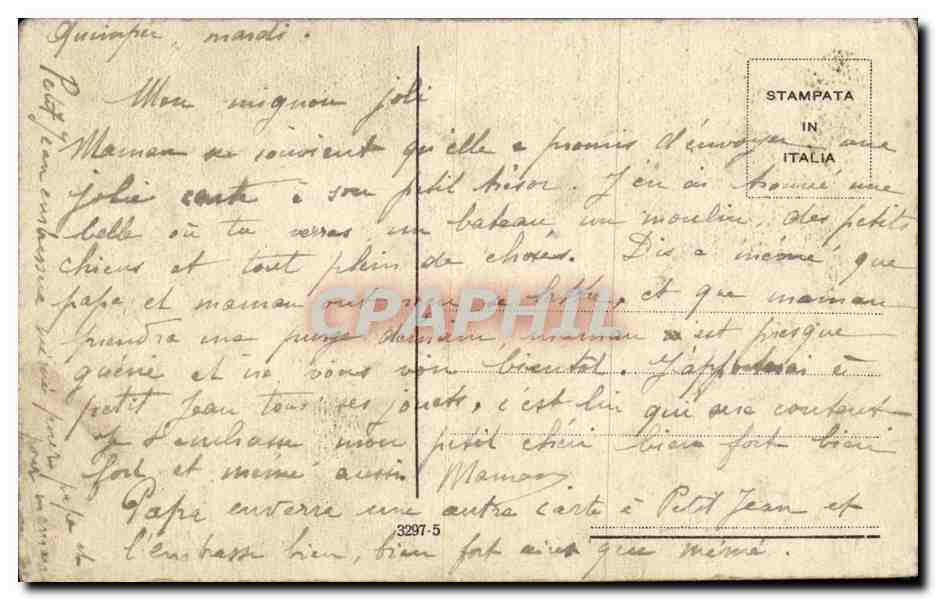 Enfant fumant une pipe près d'un lac — avec chien et moulin à vent — éditeur italien, n°3997-5 — Rückseite