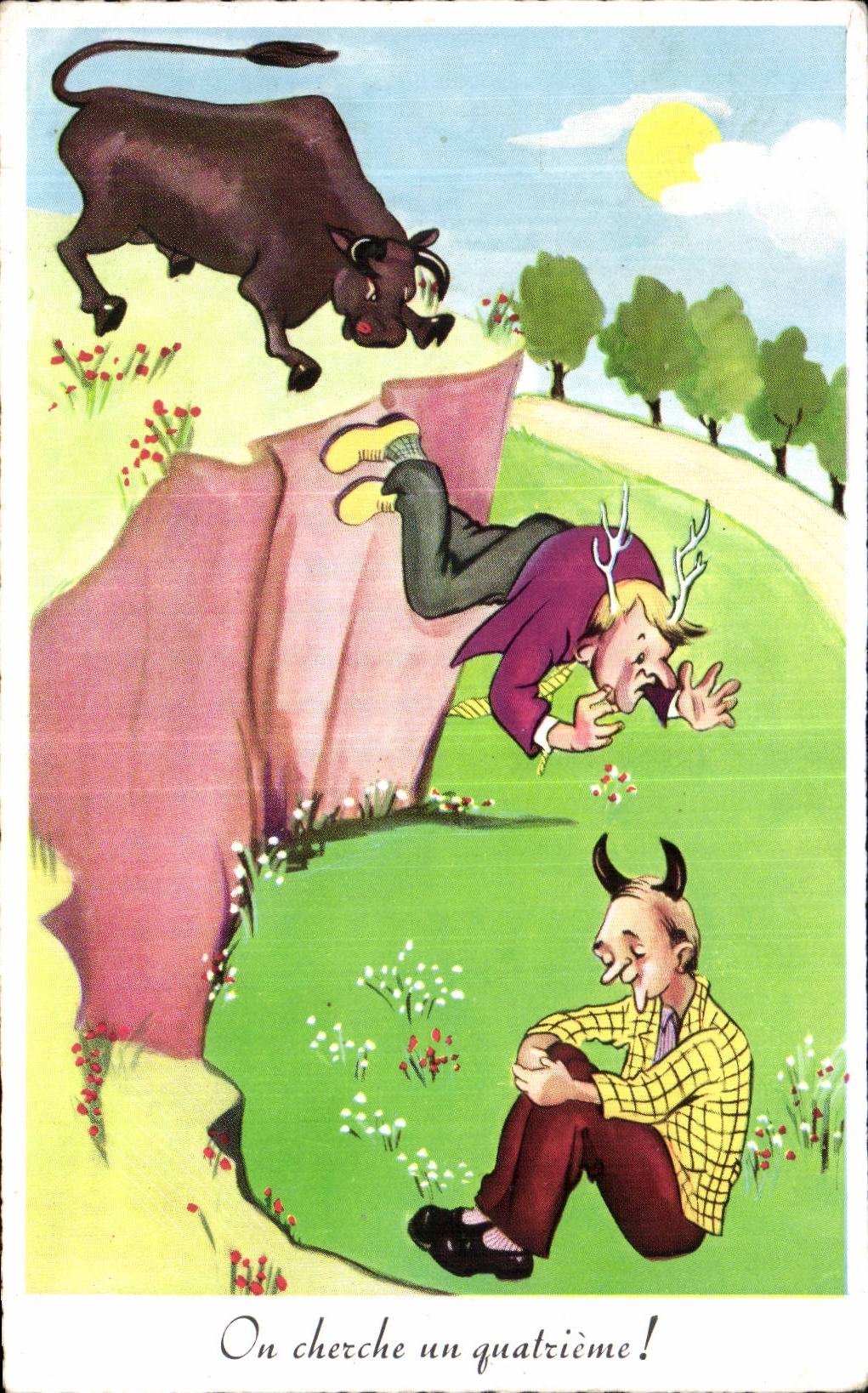 Humour - Illustration - On cherche un quatrieme - taureau Bull - CPA 