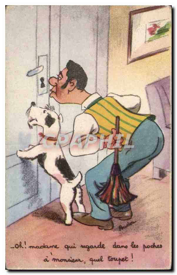 Humour - Illustration - Peeping - chien - dog - CPA 