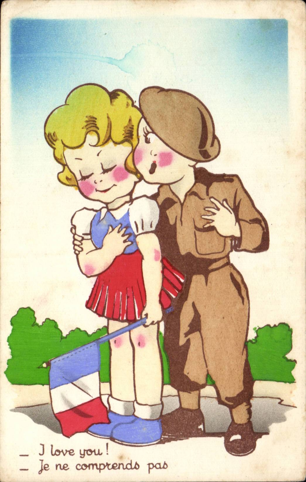 Fantaisie - Enfants - Humour - Illustration - Militaria I love you! Je ne comprendre pas - CPA 