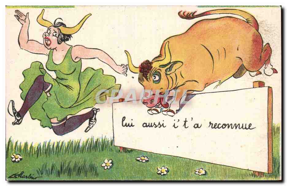 Femme et taureau — caricature humoristique — Éditeur Noëler, Collection Comique 58